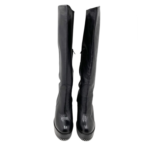 {RITCH ERANI NYFC} Black Leather Wedge Boots with Chain Detail - Picture 11 of 16